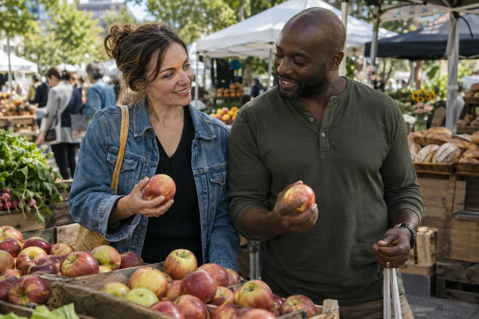 Two adults sharing an easy conversation while choosing apples at a neighborhood market