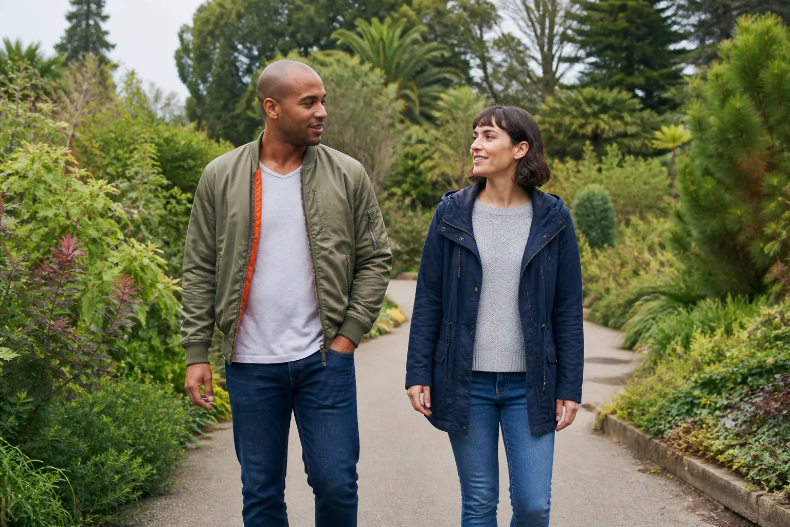 Two adults talking while walking through a garden