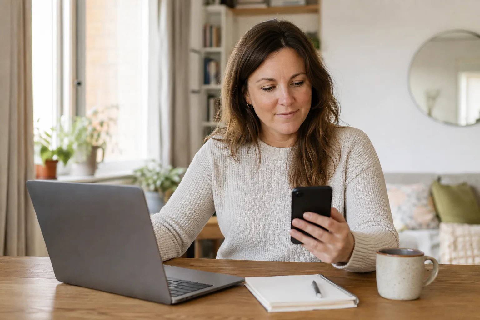 A woman comparing dating options on a laptop and phone at home