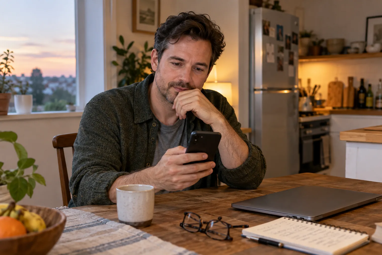A man at his kitchen table thoughtfully comparing dating options on his phone