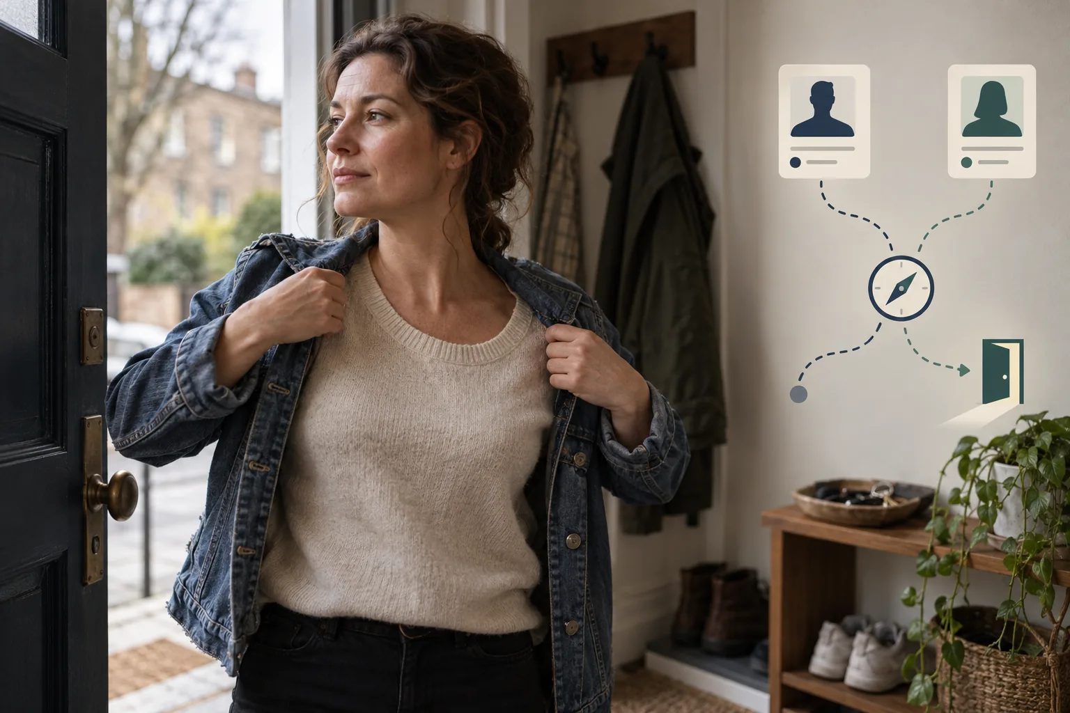 A woman preparing to go out beside a designed compass and abstract dating profile cards
