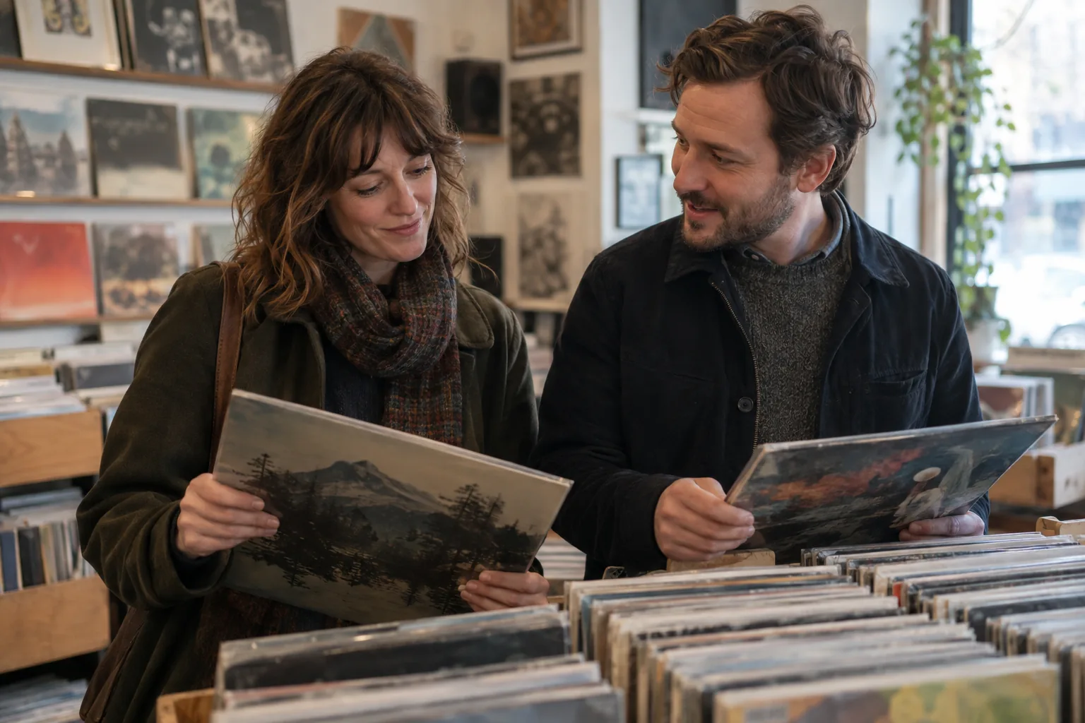 Two adults chatting while browsing records in a neighborhood music shop