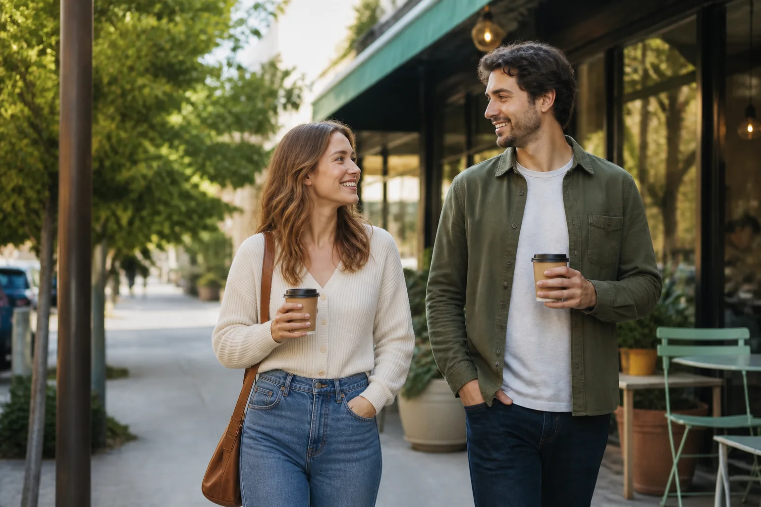 A woman and man enjoying an easy conversation while walking after coffee