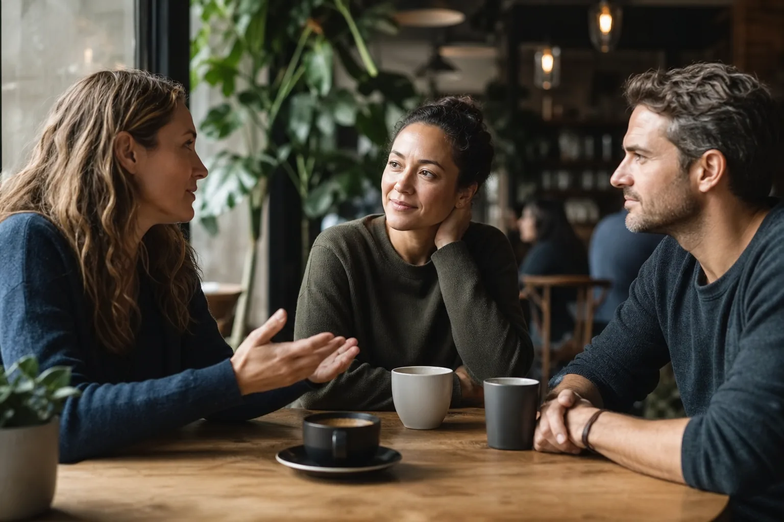 Three adults having a relaxed community conversation