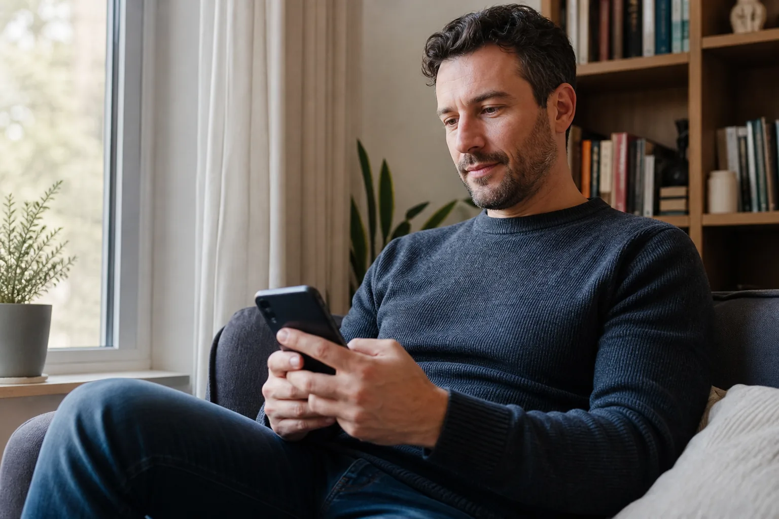 A man privately reviewing a dating service on his phone