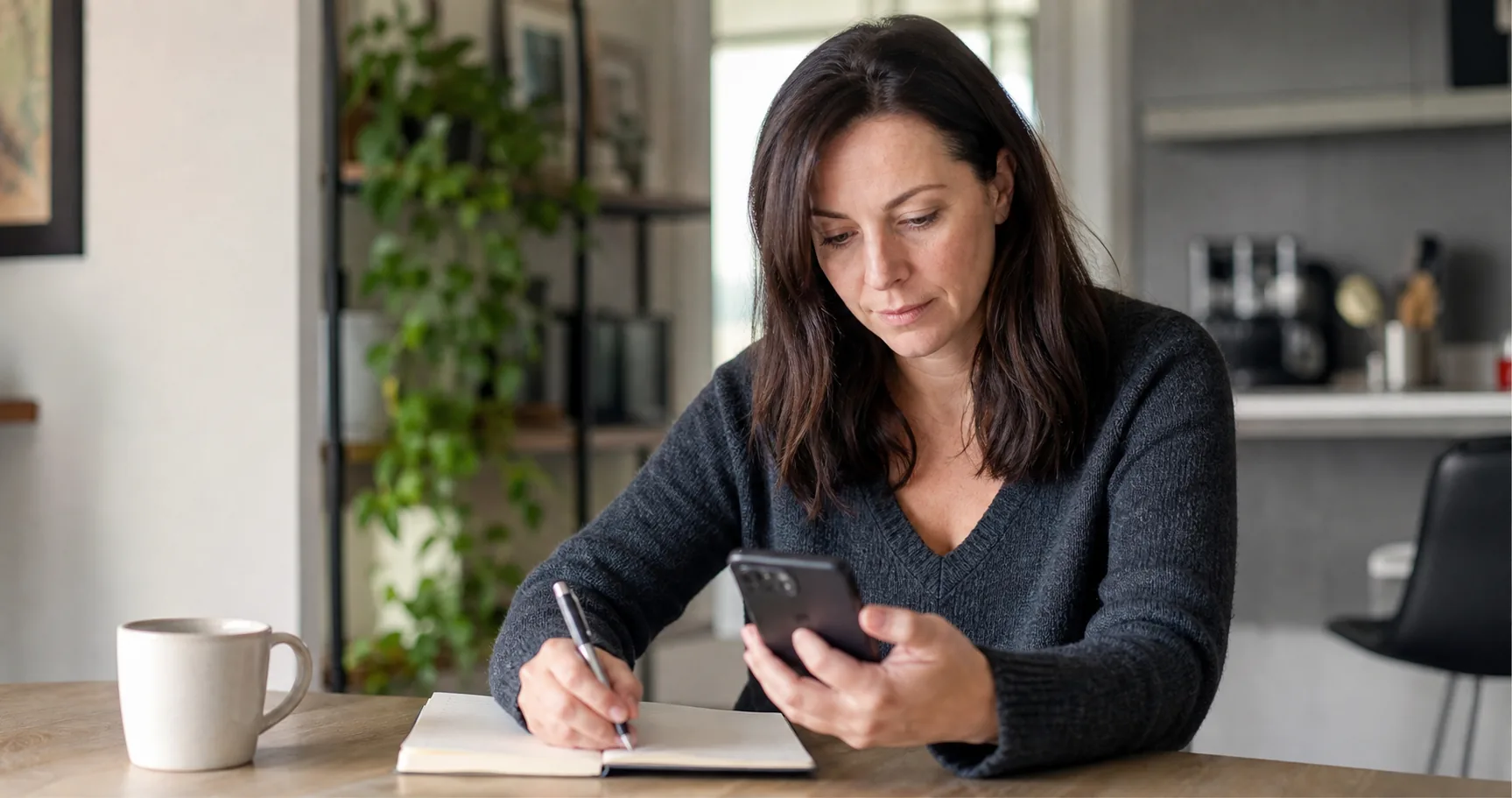 A woman comparing dating options on her phone and taking notes
