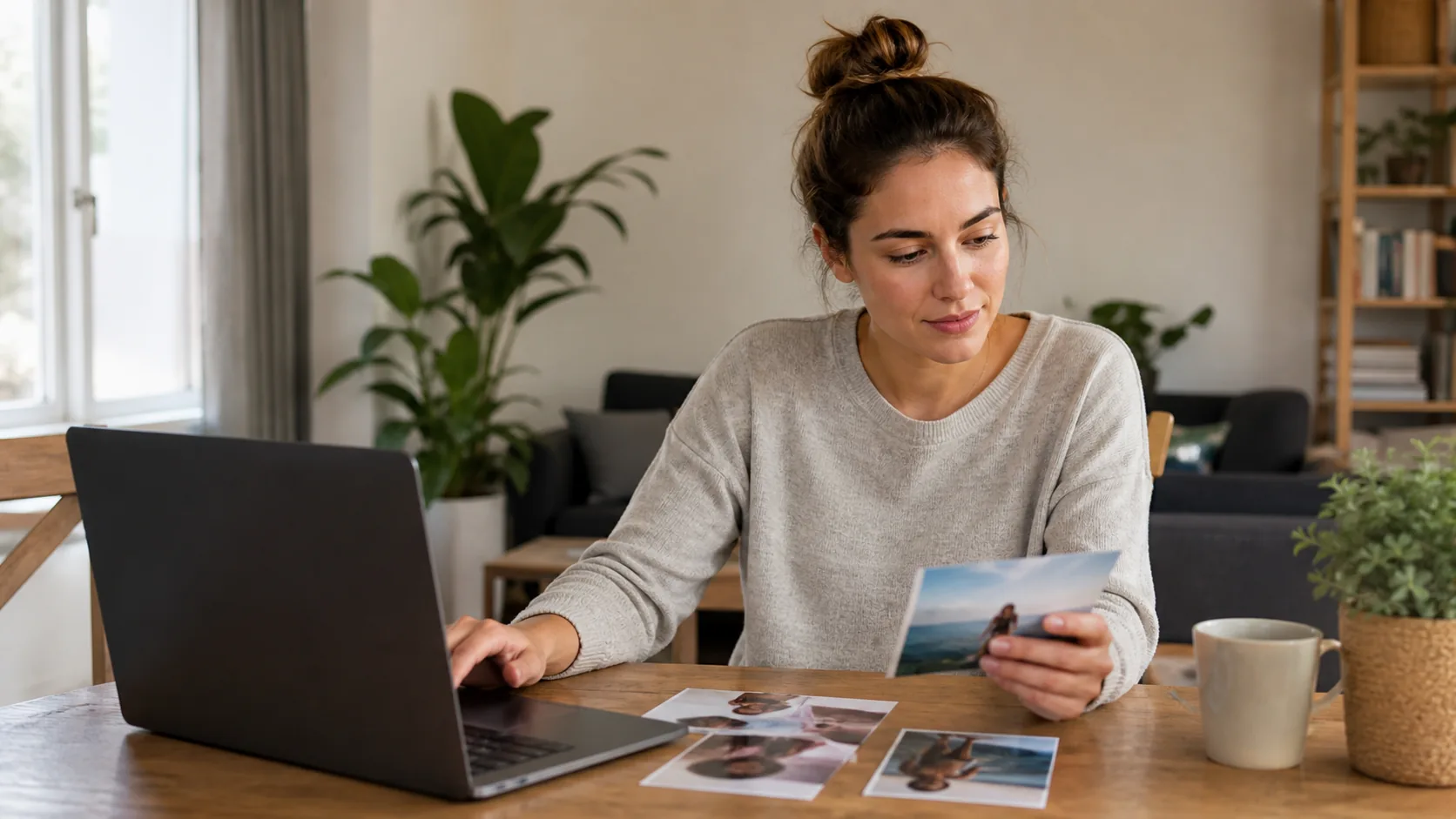 A woman choosing photos while writing a dating profile